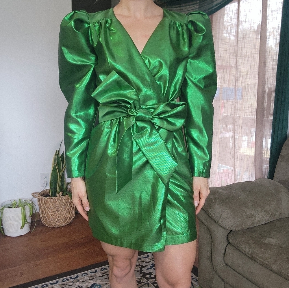 Happy × Nature Kate Hudson Green Metallic Puff Sleeve Mini Dress Size 4